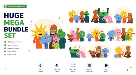 Obraz premium Abstract character mega bundle set, cute colorful monster mascot collection, playful flat vector illustrations for branding and web design