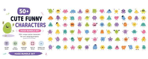 Cute funny characters bundle, set of 50 plus unique vector monster icons, colorful whimsical creature mascots for kids and branding projects © ya Allah madad
