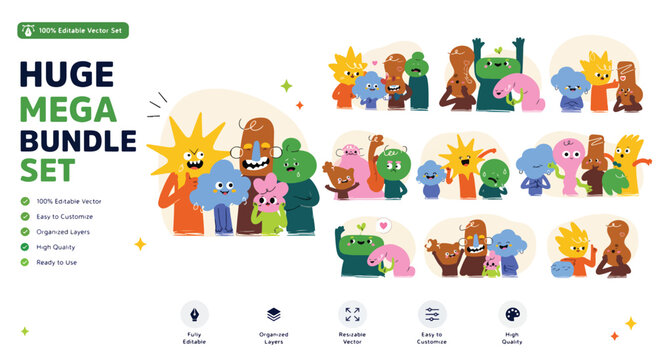 Abstract character mega bundle set, cute colorful monster mascot collection, playful flat vector illustrations for branding and web design