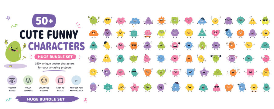 Cute funny characters bundle, set of 50 plus unique vector monster icons, colorful whimsical creature mascots for kids and branding projects