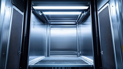 Fototapeta premium Empty futuristic elevator interior creating a cold, geometric, and modern corporate environment with shiny stainless steel surfaces reflecting bright overhead lighting and a textured floor