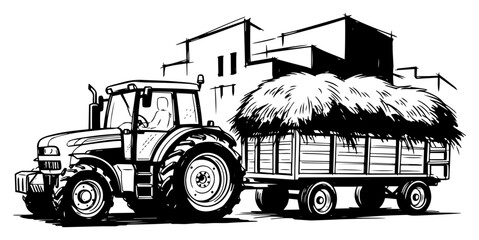 Farm Tractor with Hay Trailer Transporting Harvest through Village Hand Drawn Black and White Vector Illustration © Mago