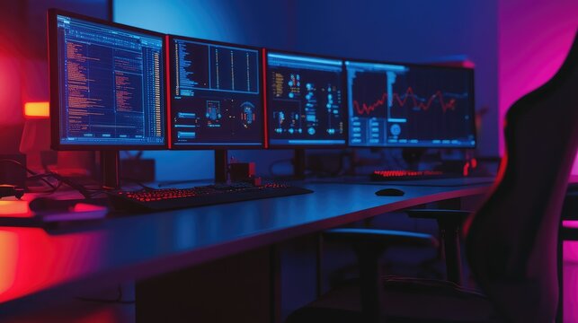 Dedicated workspace featuring multiple computer screens presenting programming languages, data analytics, and digital interfaces in a modern, neon lit environment