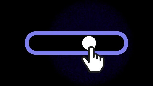Hand cursor clicking and dragging a purple toggle switch from left to right. Modern user interface animation for apps and websites on a dark background.