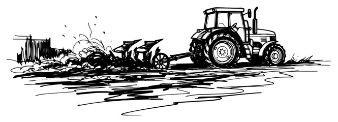 Farm Tractor Plowing Field with Moldboard Plow Rural Agriculture Black and White Vector Illustration © Mago