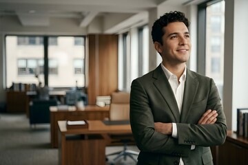 Fototapeta premium portrait of a handsome smiling businessman on blur office background
