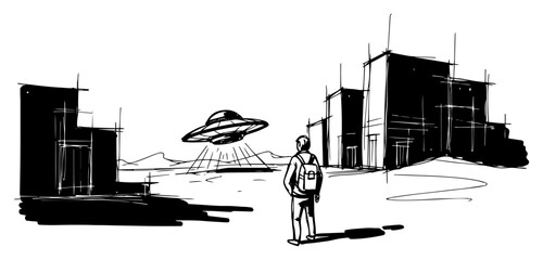 UFO Flying Saucer Over Desert Town with Man Watching Hand Drawn Black and White Vector Illustration © Mago