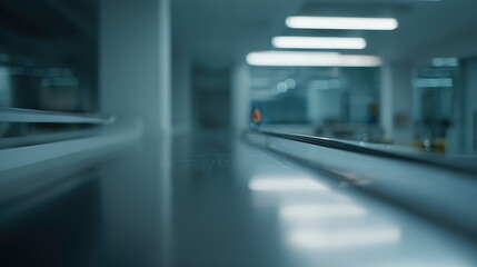 Obraz premium Industrial conveyor belt moving materials in a modern, automated manufacturing or laboratory facility, highlighting innovation, technology, and efficiency within a clean sterile environment