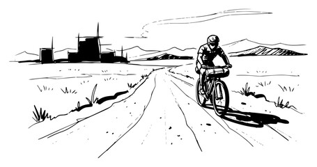 Obraz premium Cyclist Riding Gravel Road Through Open Landscape Hand Drawn Black and White Vector Illustration
