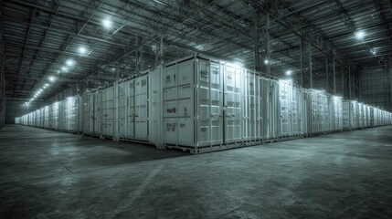 Obraz premium Large industrial warehouse storing rows of cargo containers, highlighting concepts of distribution, freight transport, and global supply chain management for businesses