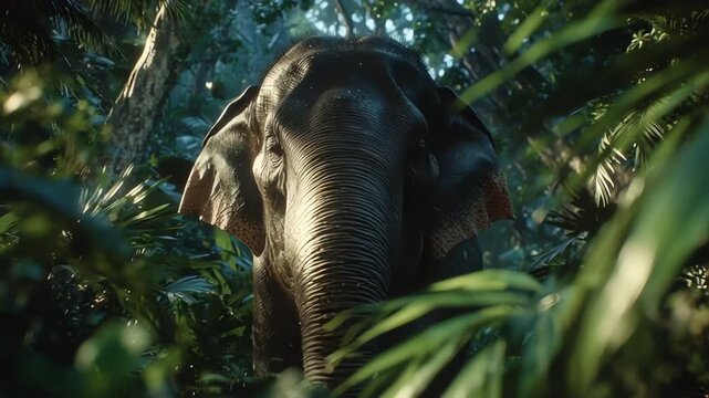 Majestic Asian Elephant Walking Through Dense Tropical Jungle