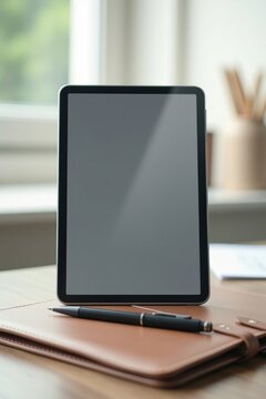 Tableta vertical con cuerpo plateado met&aacute;lico y pantalla en blanco que muestra un degradado sutil