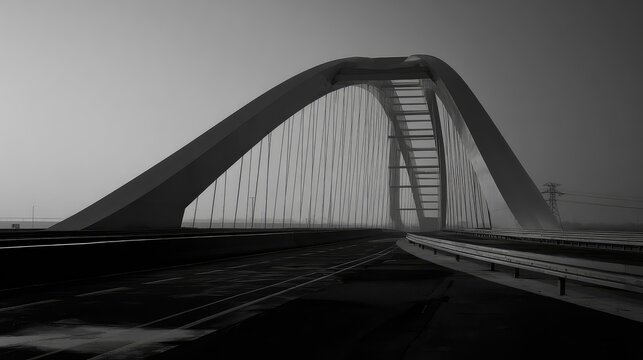 Modern arch bridge architecture creating a strong infrastructure link, crossing the road in a black and white composition with symmetry and atmospheric mist