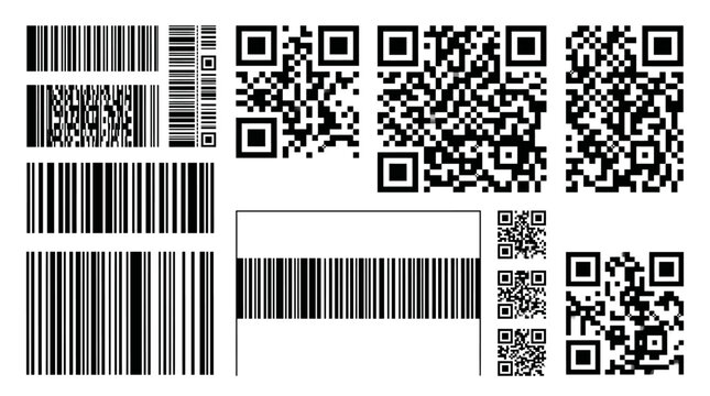 Collection of diverse barcodes and QR codes on white background for scanning, data encoding, inventory management, and testing.