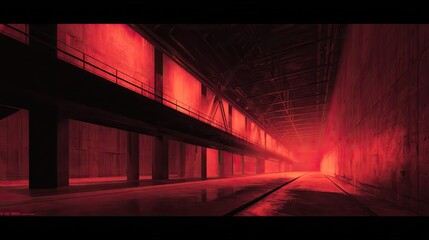 Fototapeta premium Industrial tunnel features prominent concrete structures and a distant red glow, creating a striking atmosphere with deep shadows and reflective surfaces