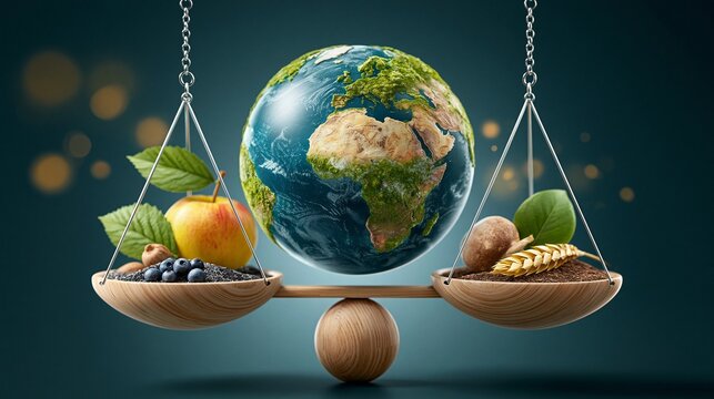 Eine Waage balanciert Obst und Gem&uuml;se auf der einen und einen Globus auf der anderen Seite und symbolisiert das Gleichgewicht zwischen Ern&auml;hrung und Umwelt.
