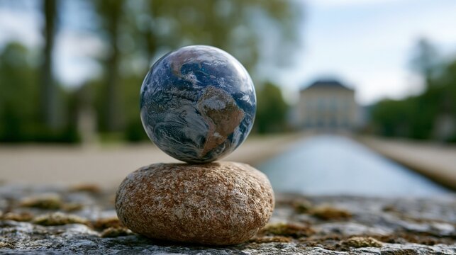Eine gl&auml;serne Erdkugel balanciert auf einem Stein vor einem klassischen Geb&auml;ude und symbolisiert globales Gleichgewicht.