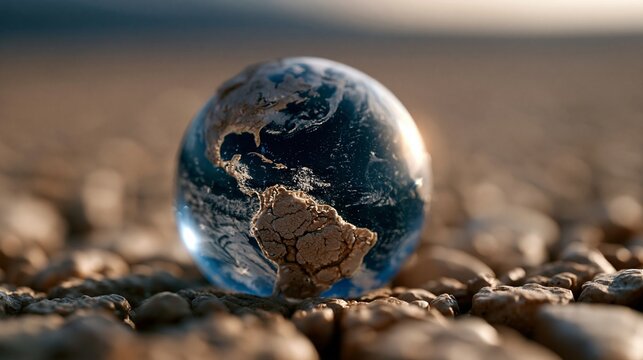 Eine gl&auml;serne Erdkugel liegt auf trockenem, rissigem Boden und symbolisiert den Klimawandel und die Erderw&auml;rmung.