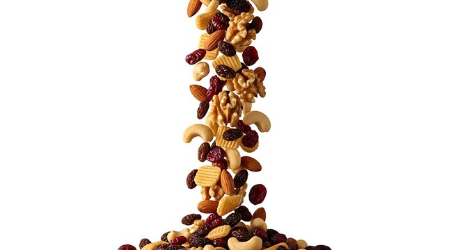 Trail mix cascade walnuts almonds cashews raisins and cranberries in mid air