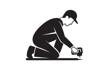 Fototapeta premium Worker Repairing Floor Surface Silhouette of Laborer Using Compact Repair Tool.