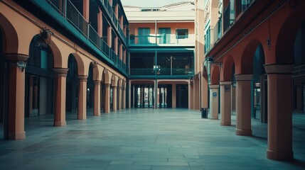 Fototapeta premium Spacious urban courtyard featuring symmetrical architecture, multiple archways, and a series of classic pillars creating a feeling of depth and perspective
