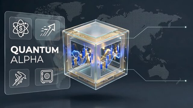 A glass cube with financial data and icons in dark space showing quantum computing finance and market analysis