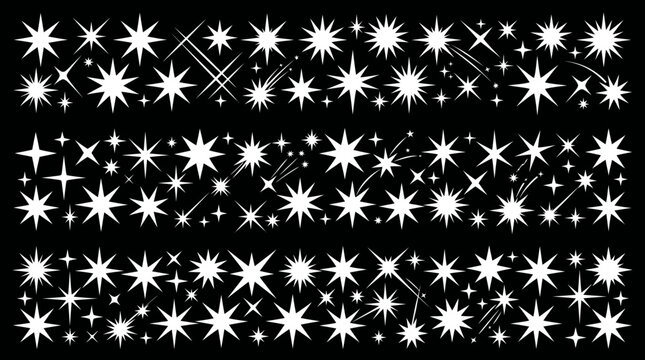 Pattern of white starburst sparkles on a black background for festive design, decorative backgrounds, and sparkling graphics