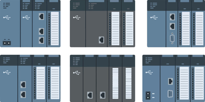 Set of industrial Programmable Logic Controller PLC modules flat vector design with various ports and expansion slots essential for automation and engineering concepts