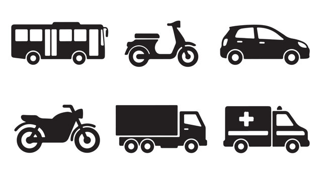 Transportation vehicle icon set, black silhouette transport symbols for maps and infographics, 6 vector graphics of car bus truck and motorcycle