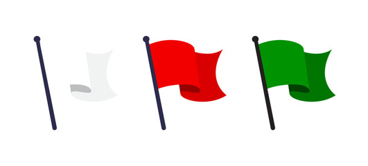 Set of colorful flags for marking locations on maps, navigation systems and sport events. Red flag, green flag, white flag. Transparent background. Vector illustration. © Yas