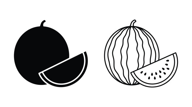 Orange and watermelon slice icons black and white line art