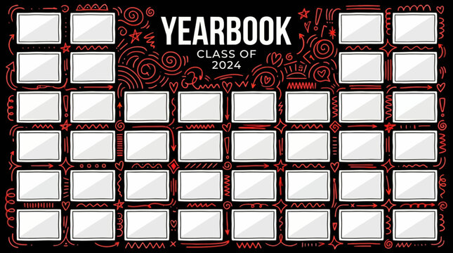 Blank yearbook photo grid template with Yearbook header and Class of banner, a customizable school yearbook layout mockup