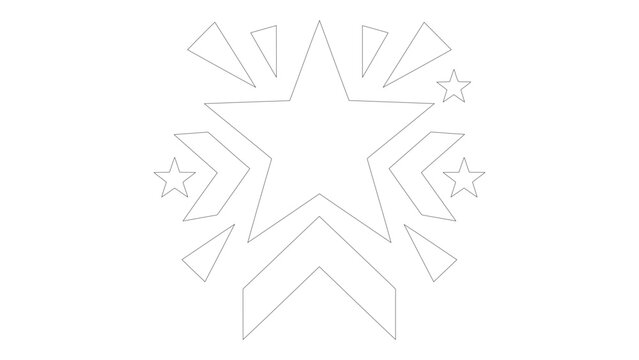 Geometric star burst design with radiating shapes and small stars, line art illustration isolated on white background