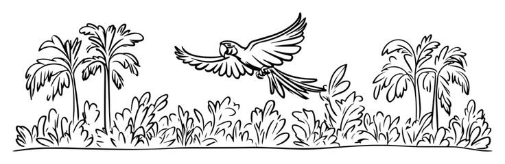 parrot flying over jungle vegetation sketch © Mago