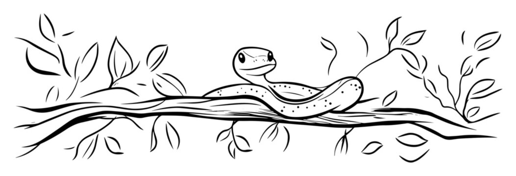 tropical snake on tree branch sketch illustration