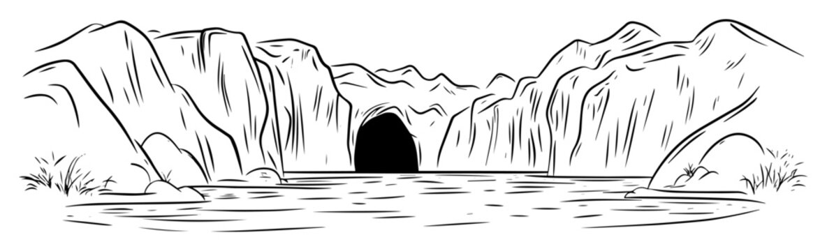 rock tunnel lake cliff landscape sketch
