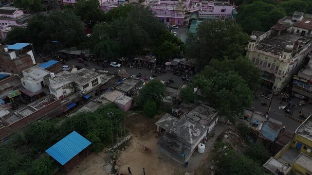 Aerial view of historic Kans ancient Akhada area near Yamuna River, Holi Gate ,Mathura.