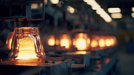 Obraz premium Hot glass vessels are moving along a modern industrial production line in a factory, showcasing advanced manufacturing processes and automation technology