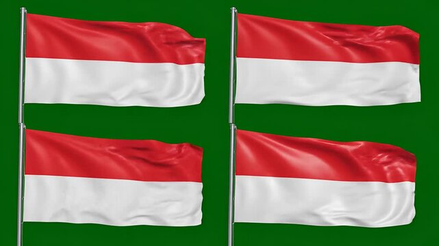 Four Indonesian Flags Waving in the Wind on Green Screen Background.
