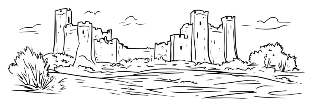 medieval stone castle fortress ruins sketch vector