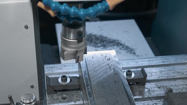 A metal workpiece in a milling machine shines after being processed by a cutter at an exhibition. Closeup. Shot in motion