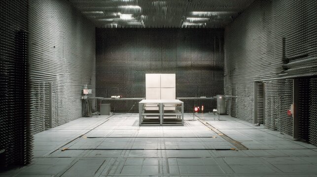 Electromagnetic compatibility test chamber preparing for precise measurements in a controlled environment, isolating devices from external interference and reflections for accurate evaluation