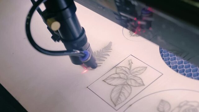 In a machine laser is used to burn a picture onto a wooden surface, just like a printer. Closeup