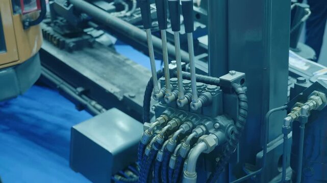 Hydraulic control unit with multiple levers on a drilling equipment at an exhibition. Shot in motion