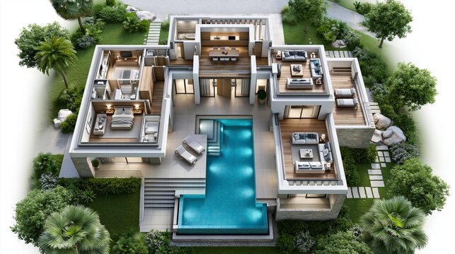 Dreidimensionale Vogelperspektive eines modernen Einfamilienhauses mit Swimmingpool, Terrasse und Gartenanlage.