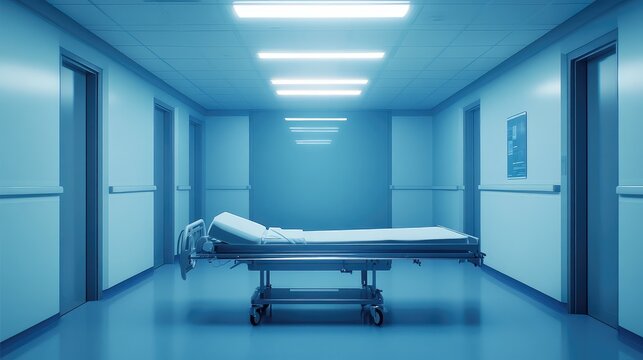Clean hospital corridor with an empty gurney under cool fluorescent light, evoking quiet anticipation, sterile care and modern clinical design in a long, minimalist hallway