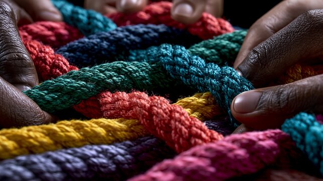 Mehrere H&auml;nde halten gemeinsam bunte, miteinander verflochtene Seile als Symbol f&uuml;r Zusammenarbeit und Teamgeist.