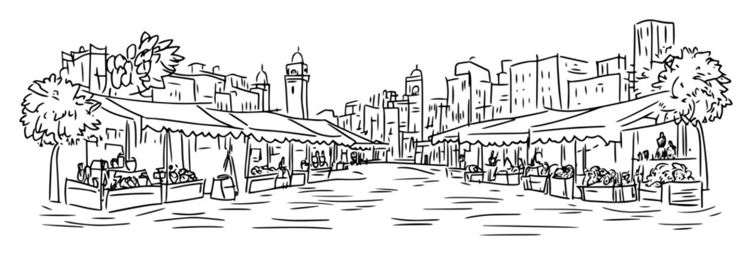 vector sketch of outdoor street market in urban setting
