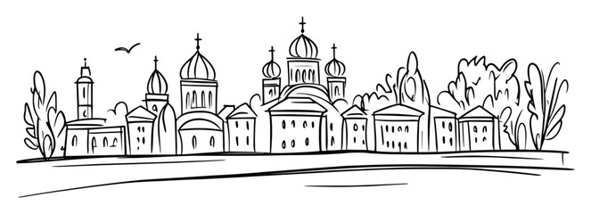 orthodox cathedral with domes and trees hand drawn © Mago