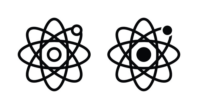 Atomic Structure Icons, Science Symbols, Nucleus and Orbit Illustration, Chemistry and Physics Concepts, Black and White Vector Graphics
